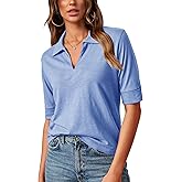 Minclouse Women's Elbow Sleeve Collared Tee Casual Relaxed Fit Tops V Neck Summer Blouse