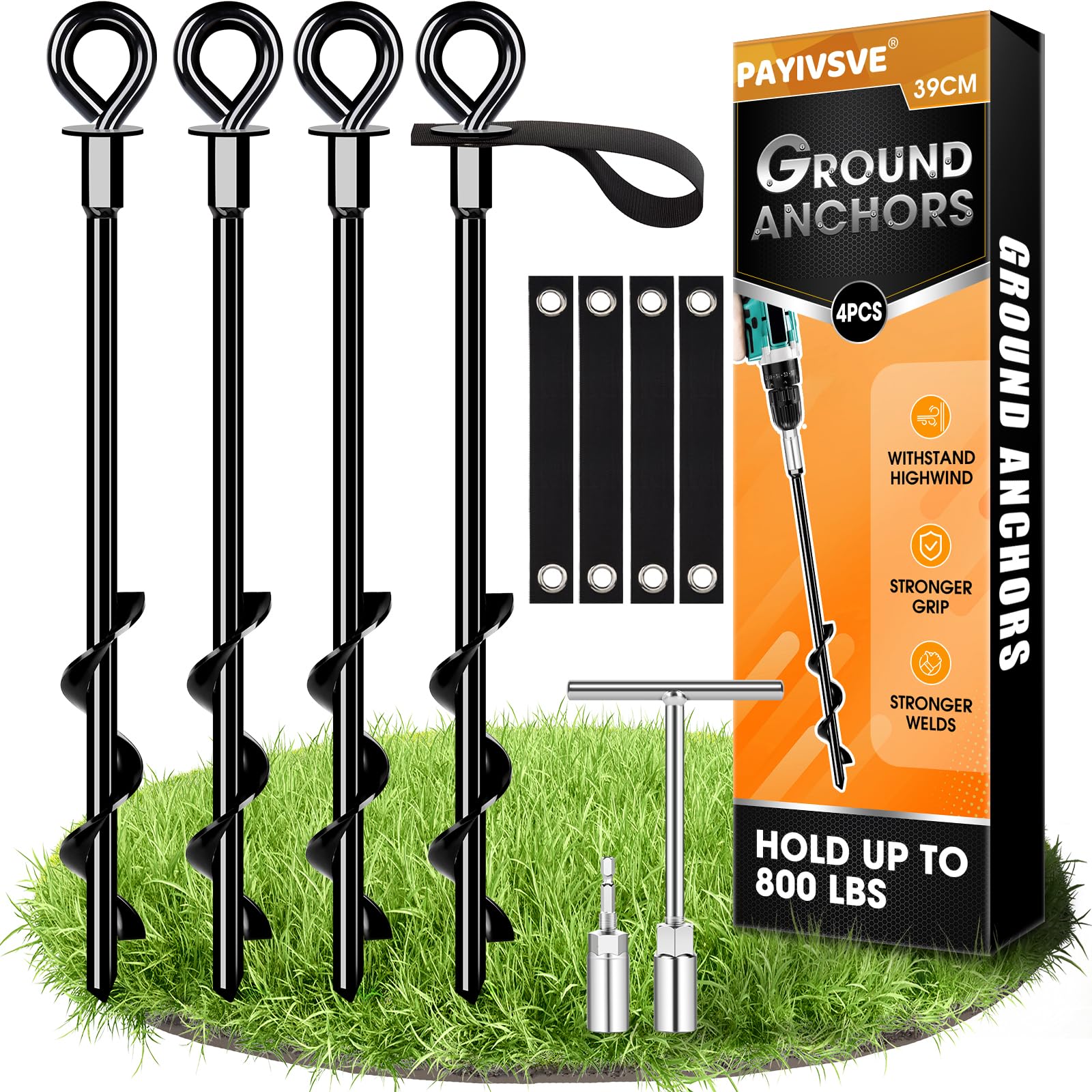 Set of 4 ground anchors, sturdy ground anchors, to be screwed in, windproof, windproof, wind resistant, windproof, earth resistant with straps
