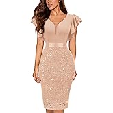 Miusol Women's Deep V Neck Ruffle Sleeve Glitter Sequined Floral Lace Cocktail Party Dress