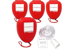 EverOne CPR Rescue Mask, Adult/Child Pocket Resuscitator, Hard Case with Wrist Strap + Gloves & Wipes - 4 Pack