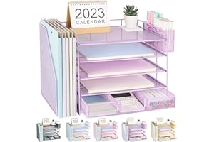 Gugsey Desk Organizer with File Holder, 5-tier Paper Letter Tray File Organizer with Drawer and Pen Holder, Metal Classroom Organization Office Accessories for School Office Supplies(Purple)