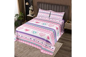 Homewish Heart Shape Coverlet Set Queen Size,Pink Love Theme Romantic Durable Bedspread for Girls Teens,Purple Blue Grid Stri