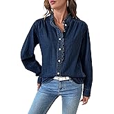 Sidefeel Womens Denim Shirt Button Down Long Sleeve Ruffled Edge Jean Blouses Tops