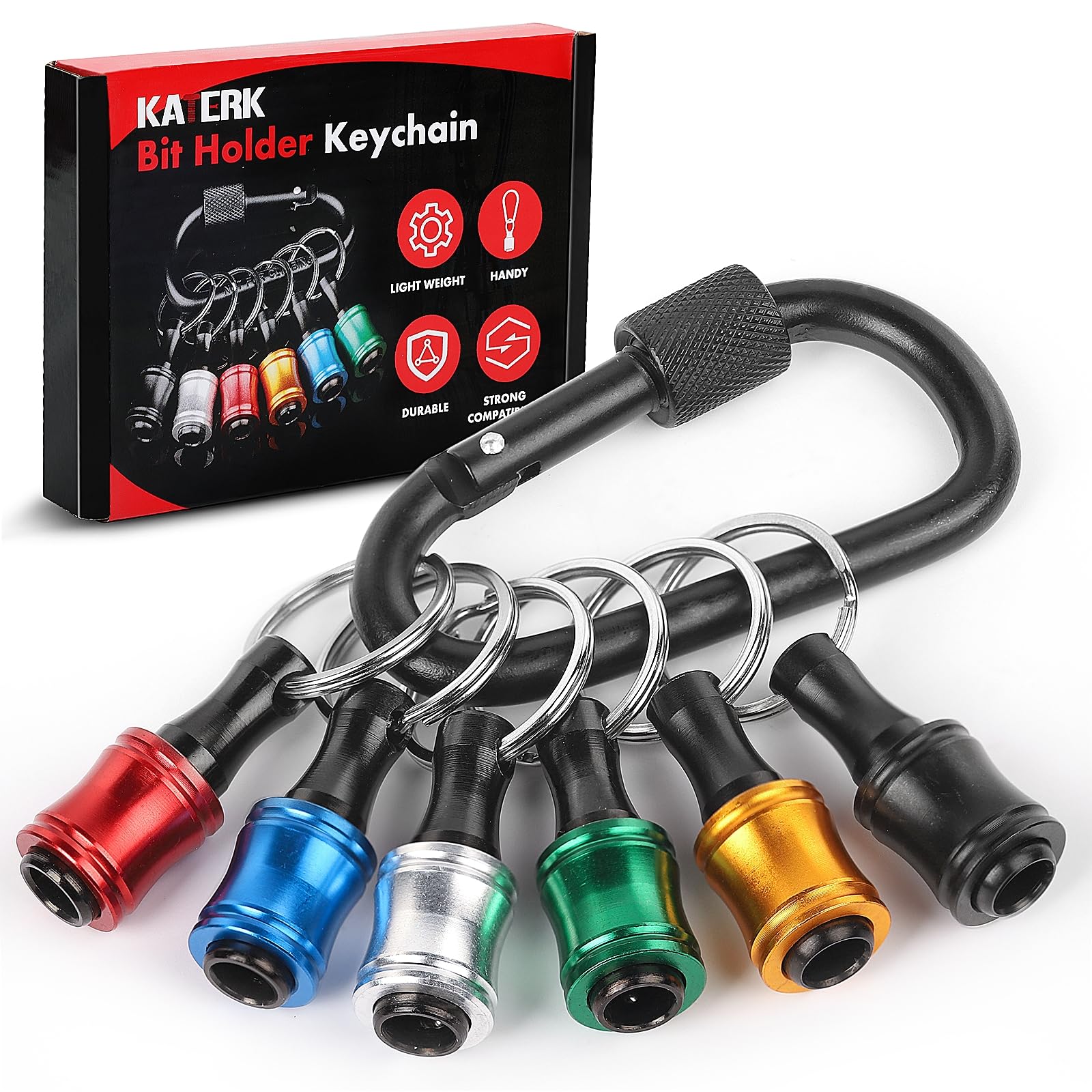 Photo 1 of Push to Unlock,Katerk 6pcs 1/4 inch Hex Shank Aluminum Alloy Screwdriver Bit Holder Light-Weight Quick-Change Extension Bar Keychain Drill Screw Adapter Portable,Black Carabiner,Tool Gifts for Men