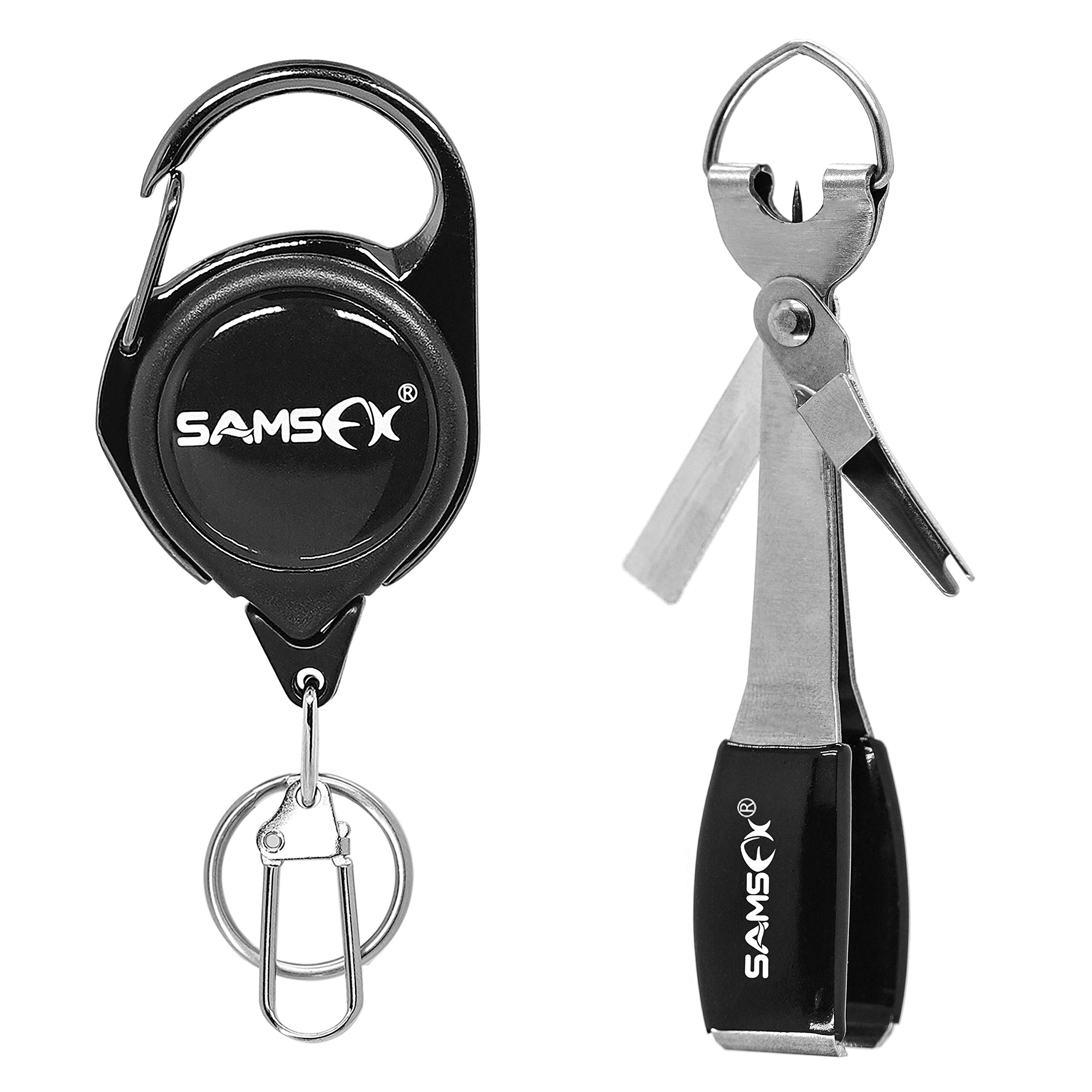 SAMSFX Fishing Quick Knot Tying Tool 3.7" Large Size 4 in 1 Mono Line Clipper with Zinger Retractor Combo (Carabiner Style Zinger & Silver Knot Tool)