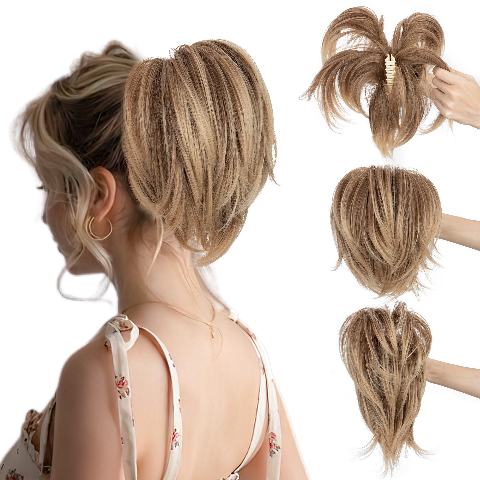 SEGO Claw Clip Ponytail Hair Extensions Bendable Metals Messy Bun Hair piece Straight Hairpieces Claw on Ponytail, Light Brown Mix Ash Blonde