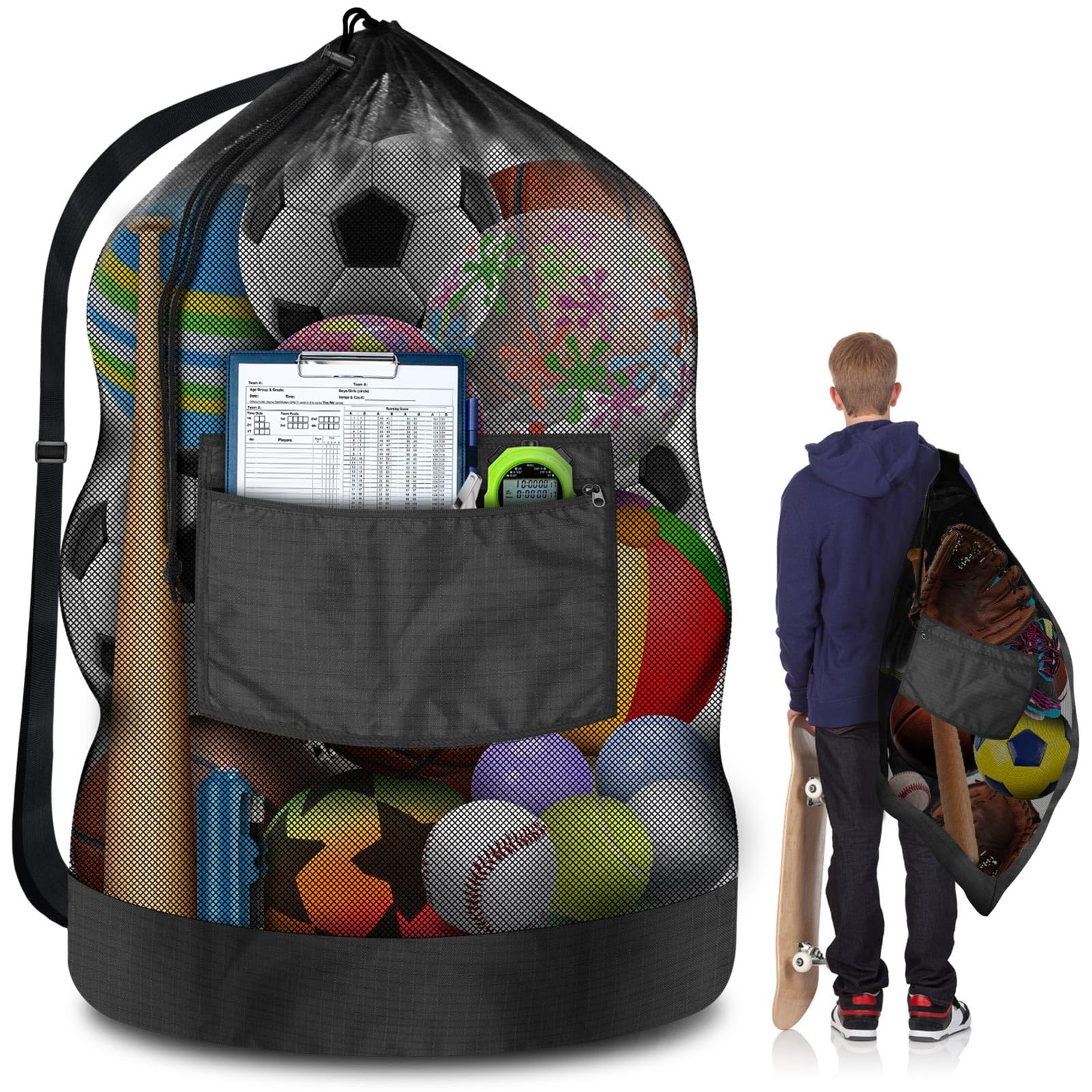 Photo 1 of Heavy Duty Soccer Ball Net Bag (100L Large Capacity 10-12Balls), Drawstring Mesh Ball Bag with Zipper Pocket, Sports Equipment Storage Organizer Hold for Gym, Cloth, Beach, Swimming Gears (1PC)