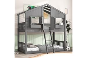 Harper & Bright Designs Bunk Bed Twin Over Twin, House Bunk Beds with Roof, Windows, Window Box and Small Door, Floor Bunk Beds with Ladder and Guard Rails for Girls Boys, Grey