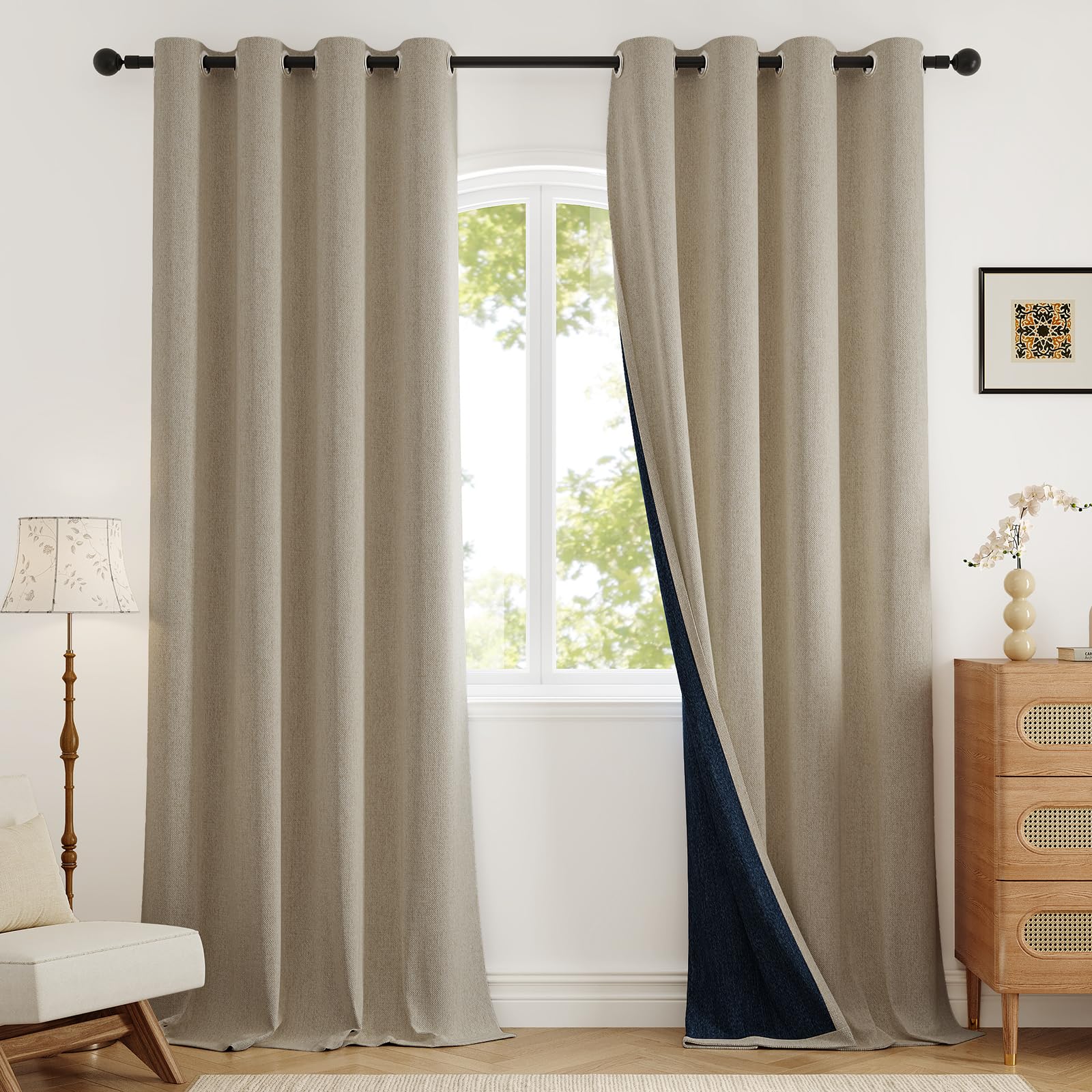 Photo 1 of Rinwoc Blackout Curtains 108 inches Long 2 Panels for Living Room, Grommet Linen-Look Textured Room Darkening Thermal Insulated Farmhouse Drapes for Bedroom Sliding Door (W52xL108, Natural)