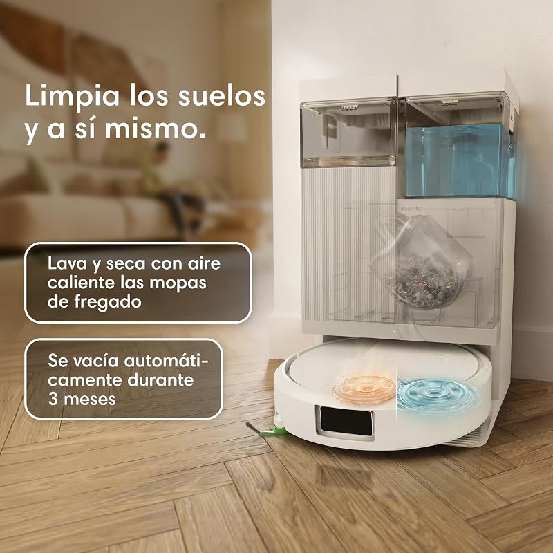 Roomba Plus 416 Combo e Base AutoWash, Aspirador e Esfregão, Acessórios Extra, 20000Pa, Esfregona Extensível, Esfregonas DualClean Levantáveis, Secagem a Quente, LiDAR Clearview, 90 dias de Autonomia, Branco