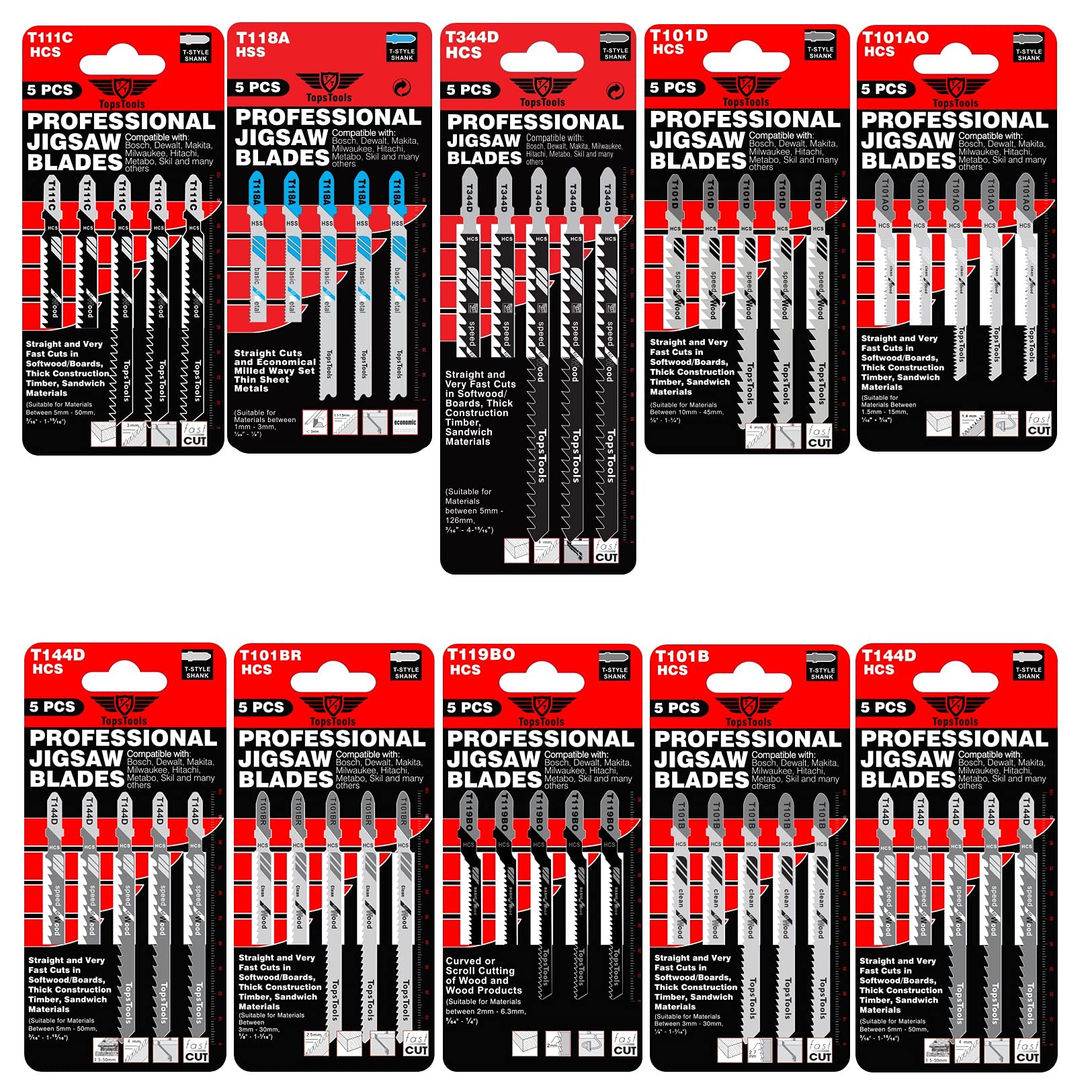 50 x TopsTools JSTTK10 T101AO T101B T101BR T101D T111C T118A T119BO T144D T344D (152mm) Mixed Jigsaw Blades