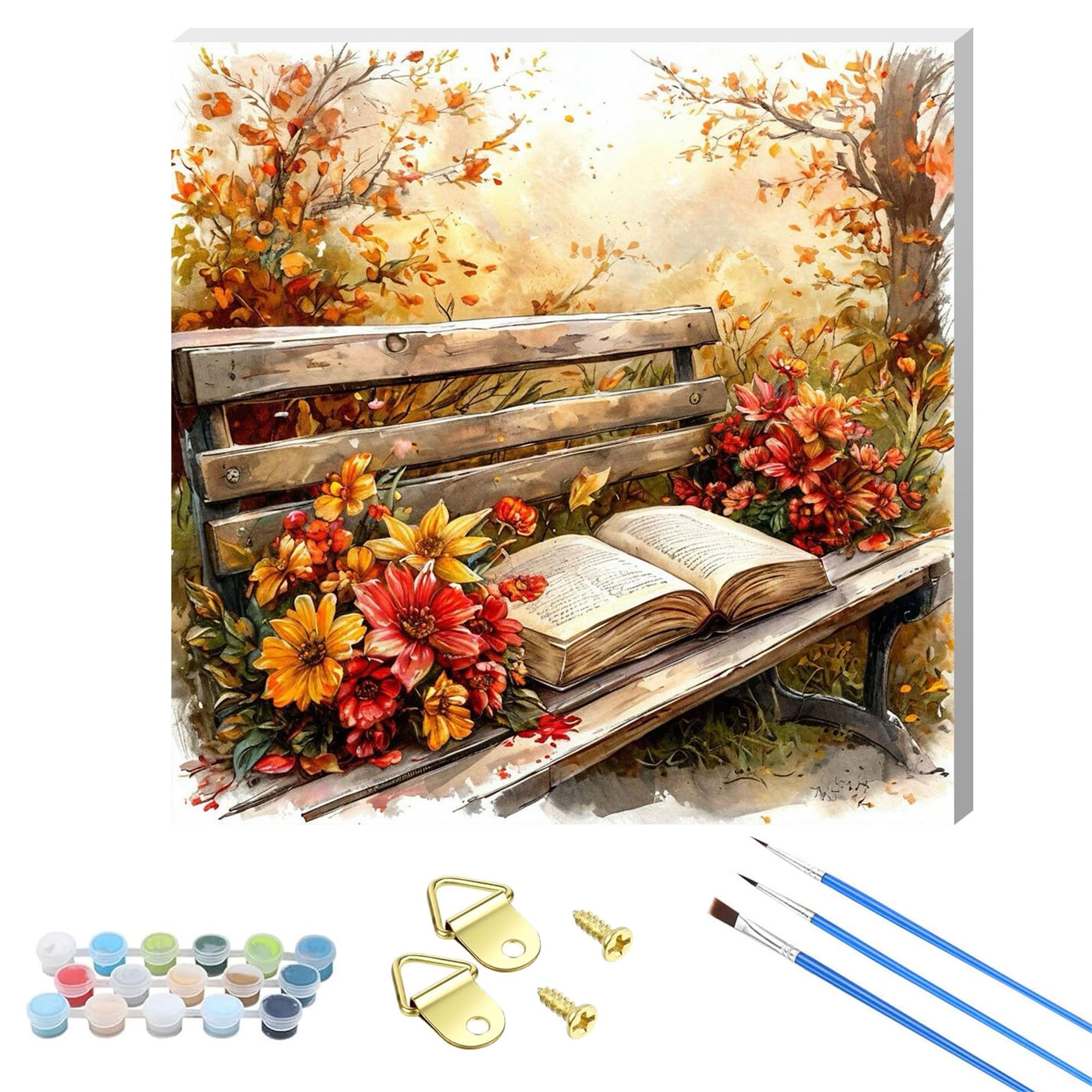 WUJIEJ Adults Paint by Number Kits,Framed Painting by Numbers Kits on Canvas,Color by Numbers Adult Acrylic Watercolor Gifts for Friends Wall Decor (Autumn Bench and Book)
