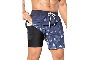 SILKWORLD Men's Swim Trunks Quick Dry Bathing Suits 6 Inch Swimming Shorts with Compression Liner and Zipper Pockets
