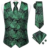 Hi-Tie Mens Silk Green Black Vest Tie Set Paisley Formal Waistcoat Necktie Handkerchief Cufflinks for Business Wedding Tuxedo