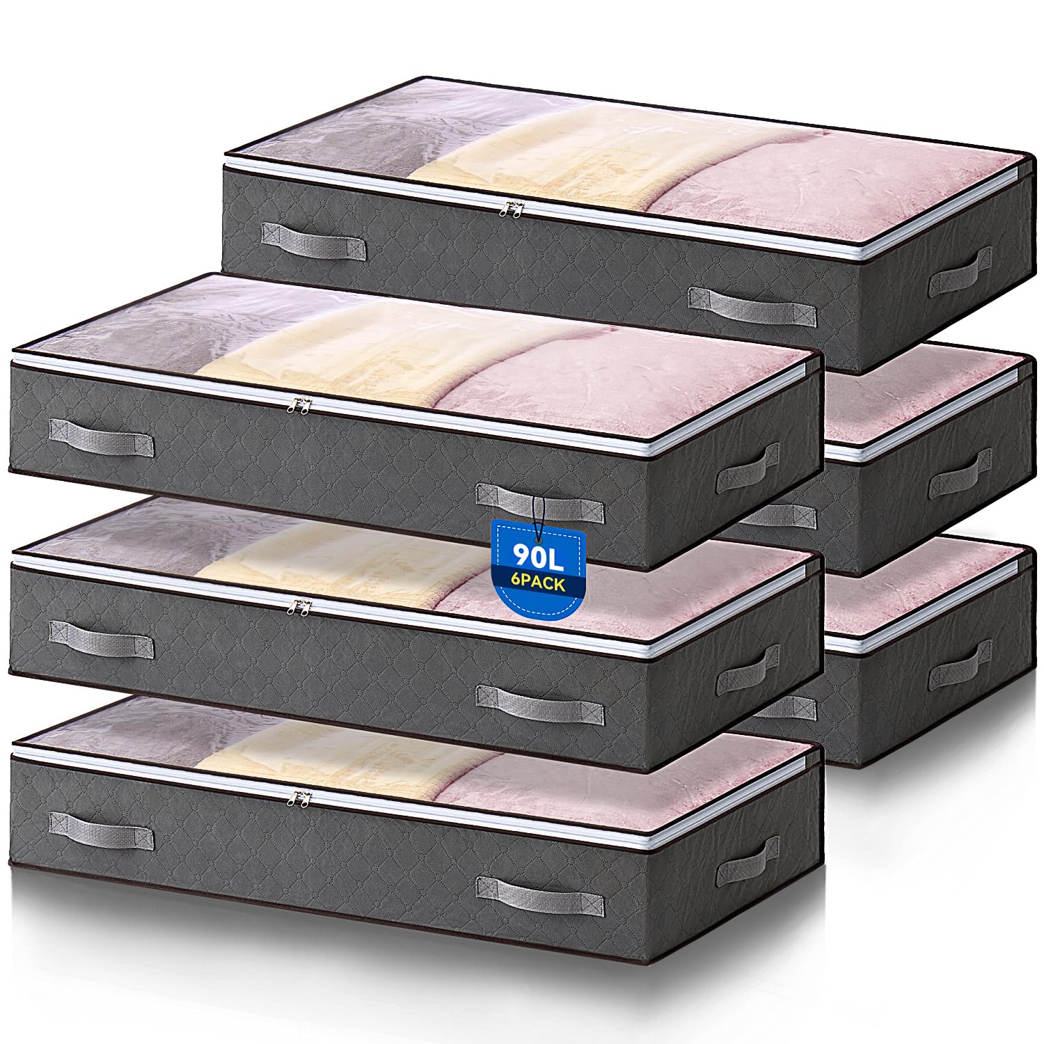 Boic 6 Pack Underbed Storage, 90l Underbed Storage Bags, Under Bed Storage Box With Lid, Underbed Storage Boxes Clothing Storage Bags With Reinforced Handle For Clothes Quilts Blankets Beddin