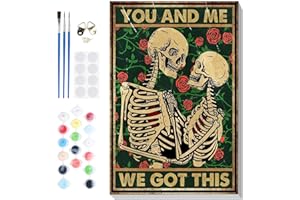 Bowetile Skeleton Paint by Numbers Adult Kit Beginner -12x16in, Skulls in Love Paint by Number Kits on Canvas with Frame, Hal