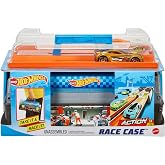 Hot Wheels Toy Cars &amp; Track Set, Race Case Playset with 2 Vehicles in 1:64 Scale, Dual Launcher for Side-By-Side Racing &amp; Portable Storage Container