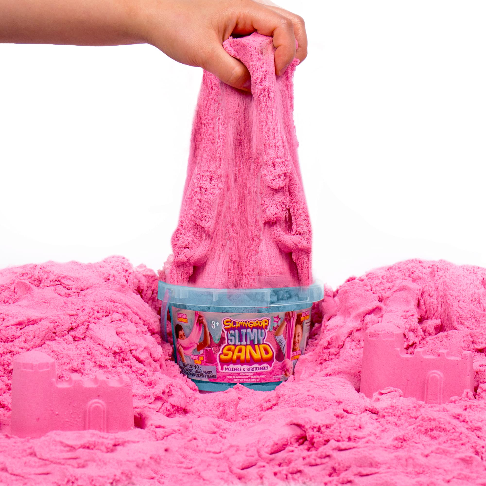 SLIMYSAND by Horizon Group USA, 1.5 Lbs of Stretchable, Expandable, Moldable Cloud Slime, Non Stick, Slimy Play Sand in A Reusable Bucket, Pink- A Sensory Activity