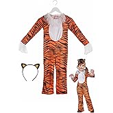 Kid's Terrific Tiger Costume, Velour Child Tiger Halloween Costume Jumpsuit with Headband