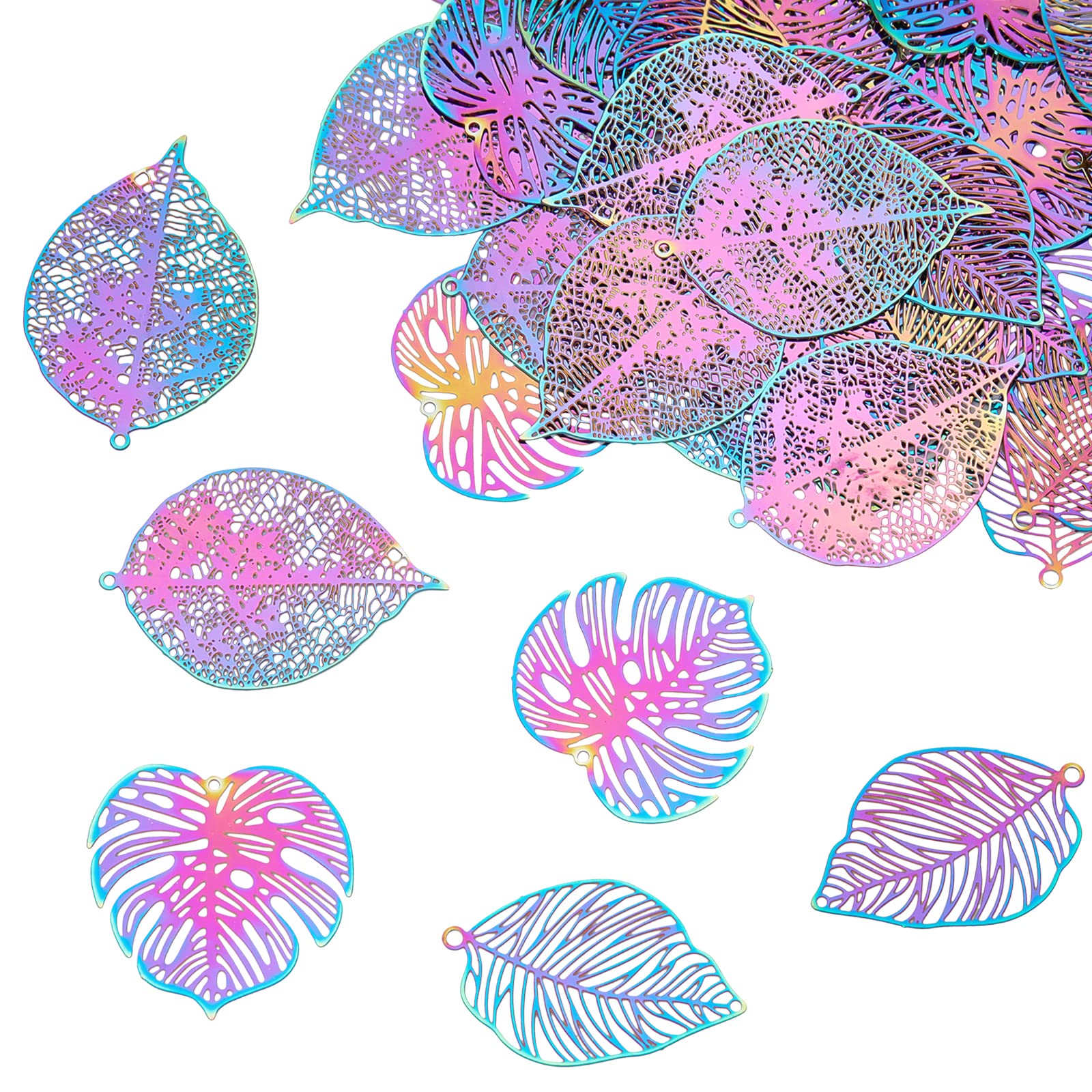 DICOSMETIC 42pcs 3 Styles 201 Stainless Steel Filigree Monstera Leaf Pendants Tropical Leaf Pendants Rainbow Color Plant Charms for Jewelery Making,0.3mm thick