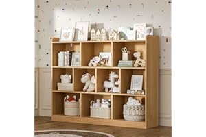 DIYART Oak Bookshelf, Wood Bookcase with 3 Tier Open Shelves, 10-Cube Minimalist Storage Shelf for Living Room, Bedroom, 43.3" W x 35.4" H