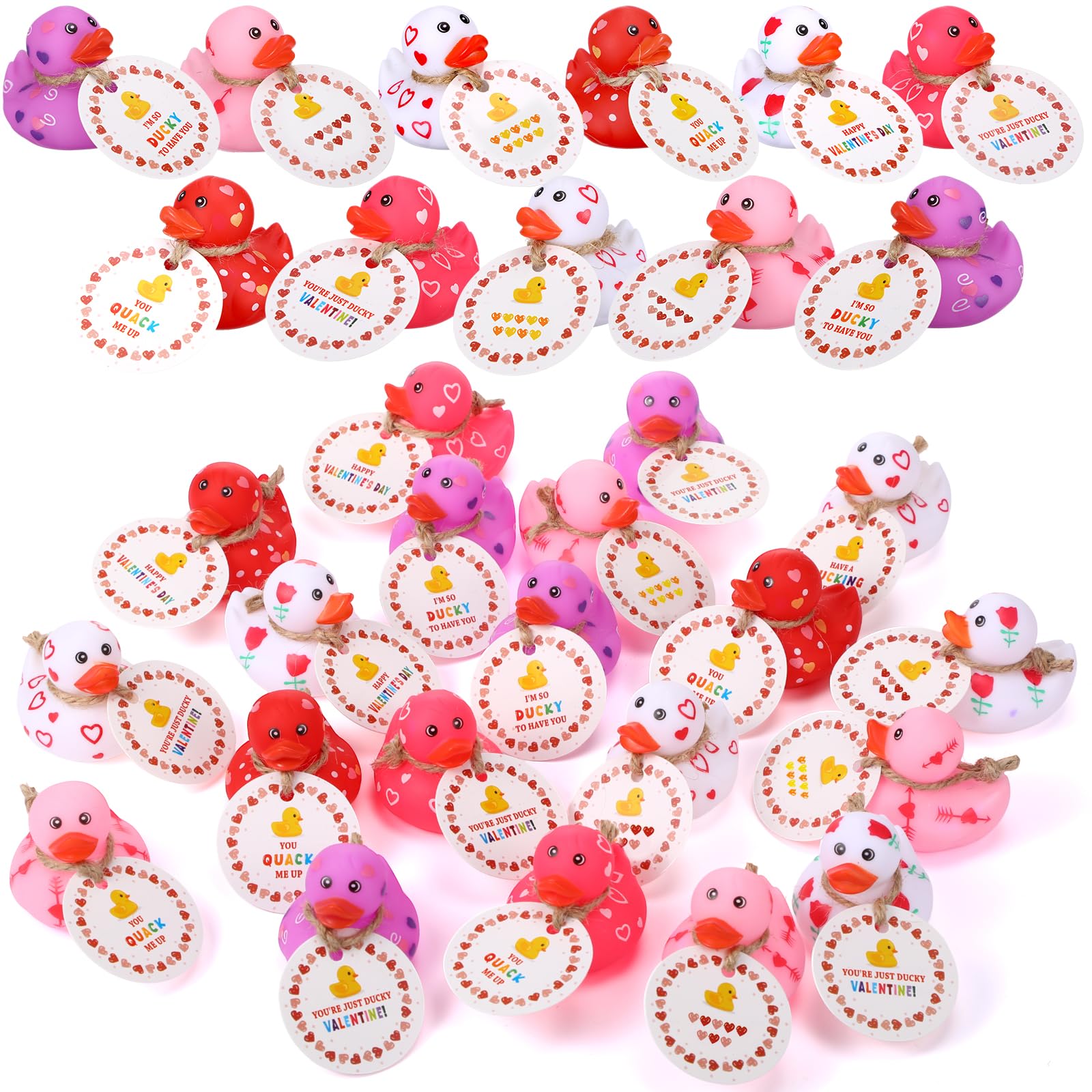 Photo 1 of Jerify 24 Pcs 2 Inch Valentines Ducks for Kids Classroom Exchange Gifts Valentine's Day Rubber Ducks with Gifts Cards Mini Heart Rubber Duckies Valentines Party Favors Toys, 6 Styles (Colorful)