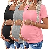 Baggyfly 3 Pack Women's Maternity Shirts Square Neck Side Ruched Short Sleeve Maternity Tops Casual Knitted Pregnancy Tees