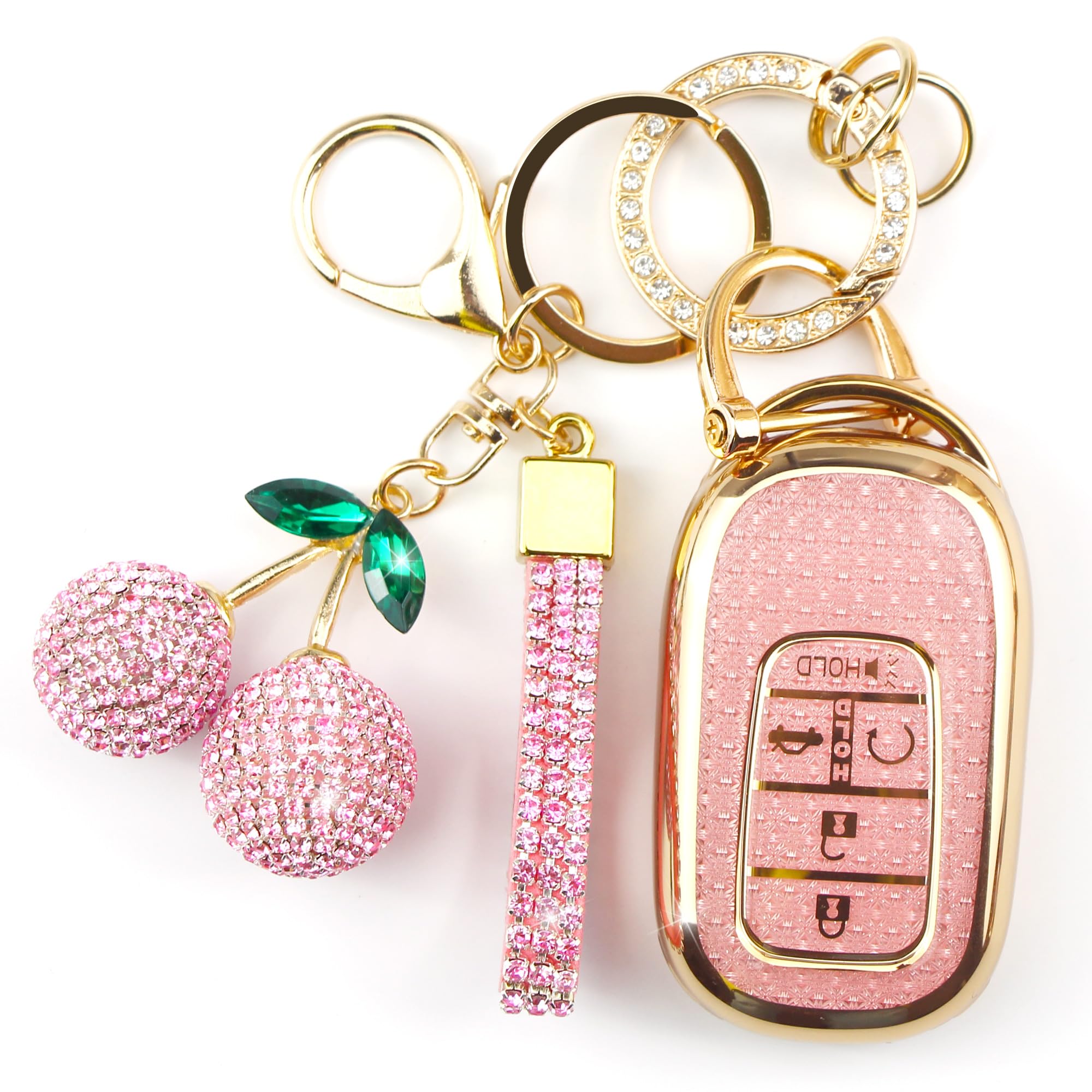 Photo 1 of Rayslesan Sparkly Key Fob Cover with Cherry Keychain, Bling TPU Smart Key Case for Women, Compatible with Honda Accord Civic 2022 2023 2024 2025 Honda HR-V CR-V 2023 2024 2025 (5-Button, Gold Pink)