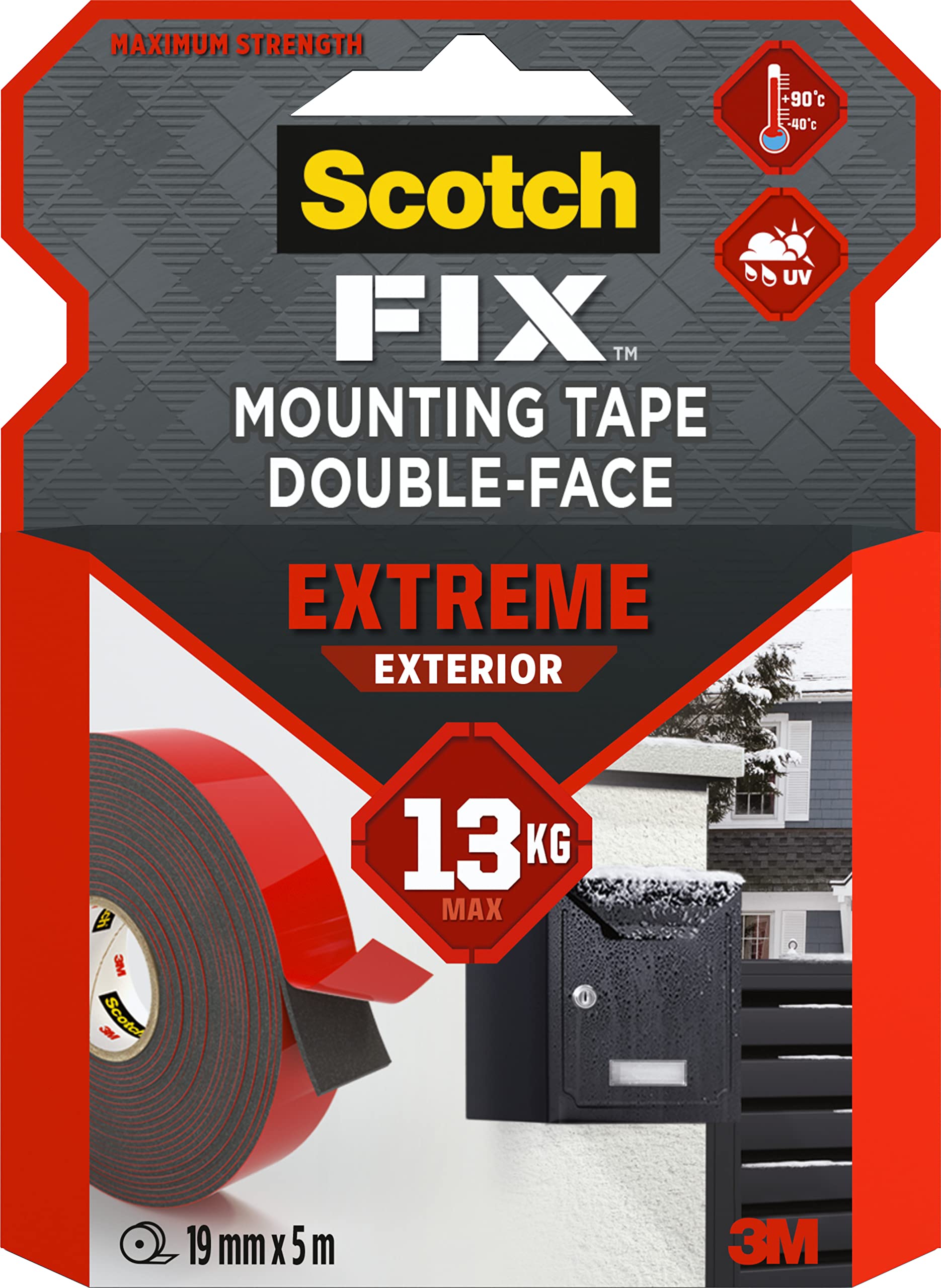 Scotch-Fix Double-Sided Extreme Exterior Mounting Tape - 1 Roll (19mm x 5m) - For Outdoor Extreme Use, Weather Resistant, Permanent Tape, 100% Adhesive, 3M Advanced Technology - Holds up to 13kg