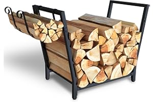 TANIVO Firewood Rack, Heavy-Duty Metal Log Holder, 26.3” Indoor/Outdoor Wood Storage Stand with Reversible Kindling Hooks, Perfect for Fireplace, Fire Pit, or Patio Use