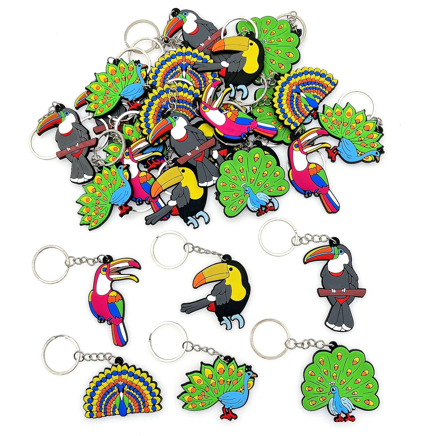 JZK 30x Peacock toucan keyring keychains for tropical party favours, rainforest bird themed party bag fillers for kids party thankyou gift giveaways, jungle theme party accessories decorations