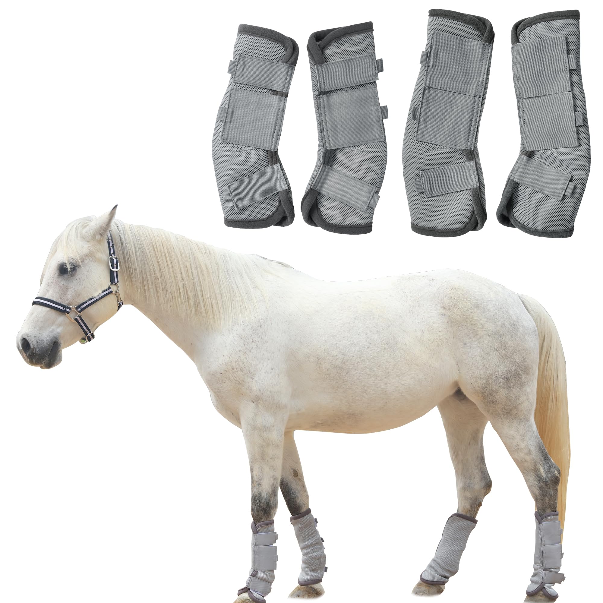 Photo 1 of TARFEPA Adjustable Horse Fly Boots Set of 4, Equine Leg Protection Reduce Stomping, Breathable Mesh Fly Boots for Horses, Horse Leggings Leg Guards - Grey - Full