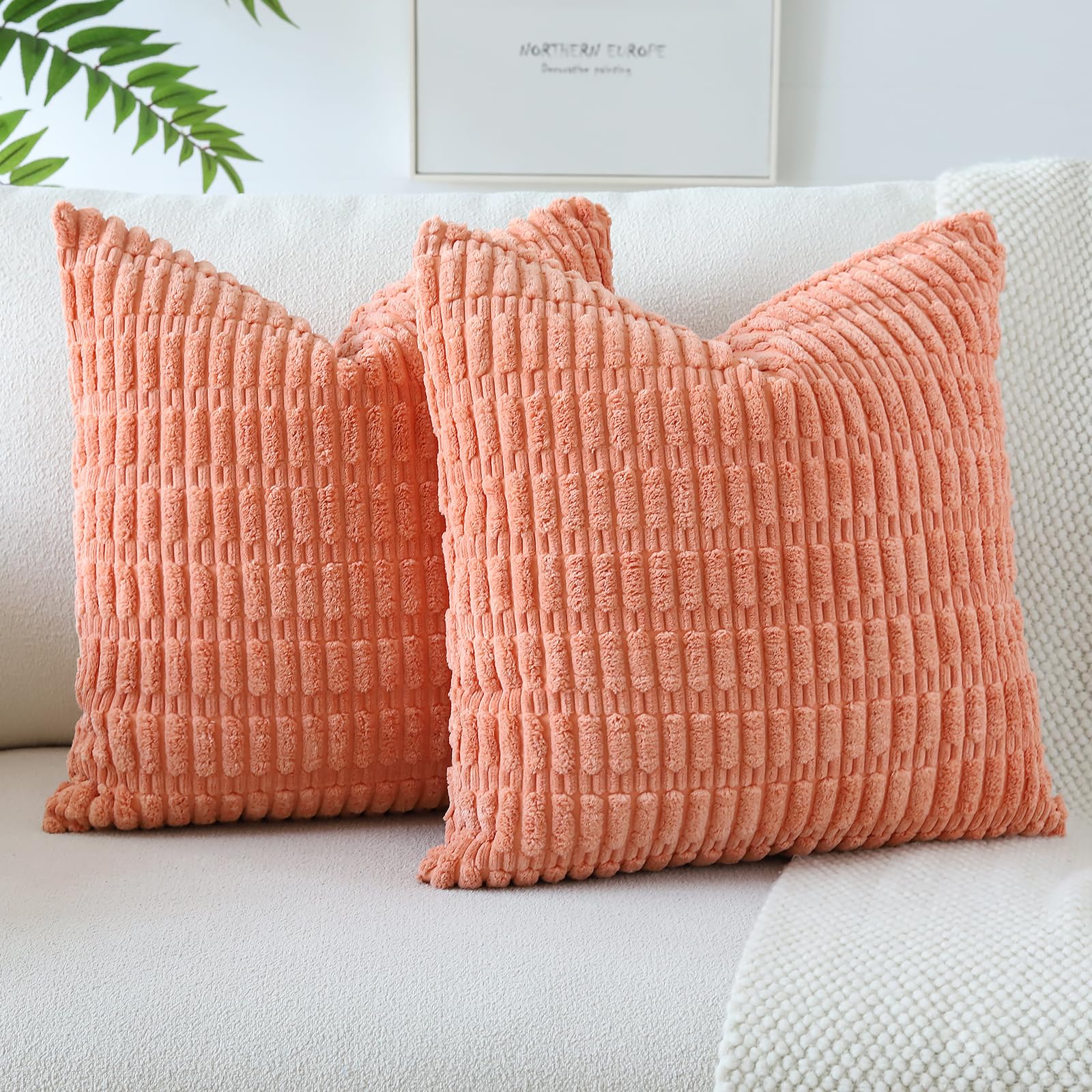 JOTOM Pack of 2 Corduroy Soft Striped Cushion Covers 40x40 cm 16x16 Inch Boho Decorative Throw Pillow Covers Square Cushion Case Home Decor Pillow Cases for Couch Sofa Living Room Bed (Coral) — image 1