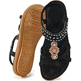 Ecetana Women's Dressy Flat Sandals: Slip On Elastic Strappy Casual Summer Shoes with Boho Rhinestone - Cushioned Comfort Footbed for All-Day Walking - Ideal for Wedding Travel