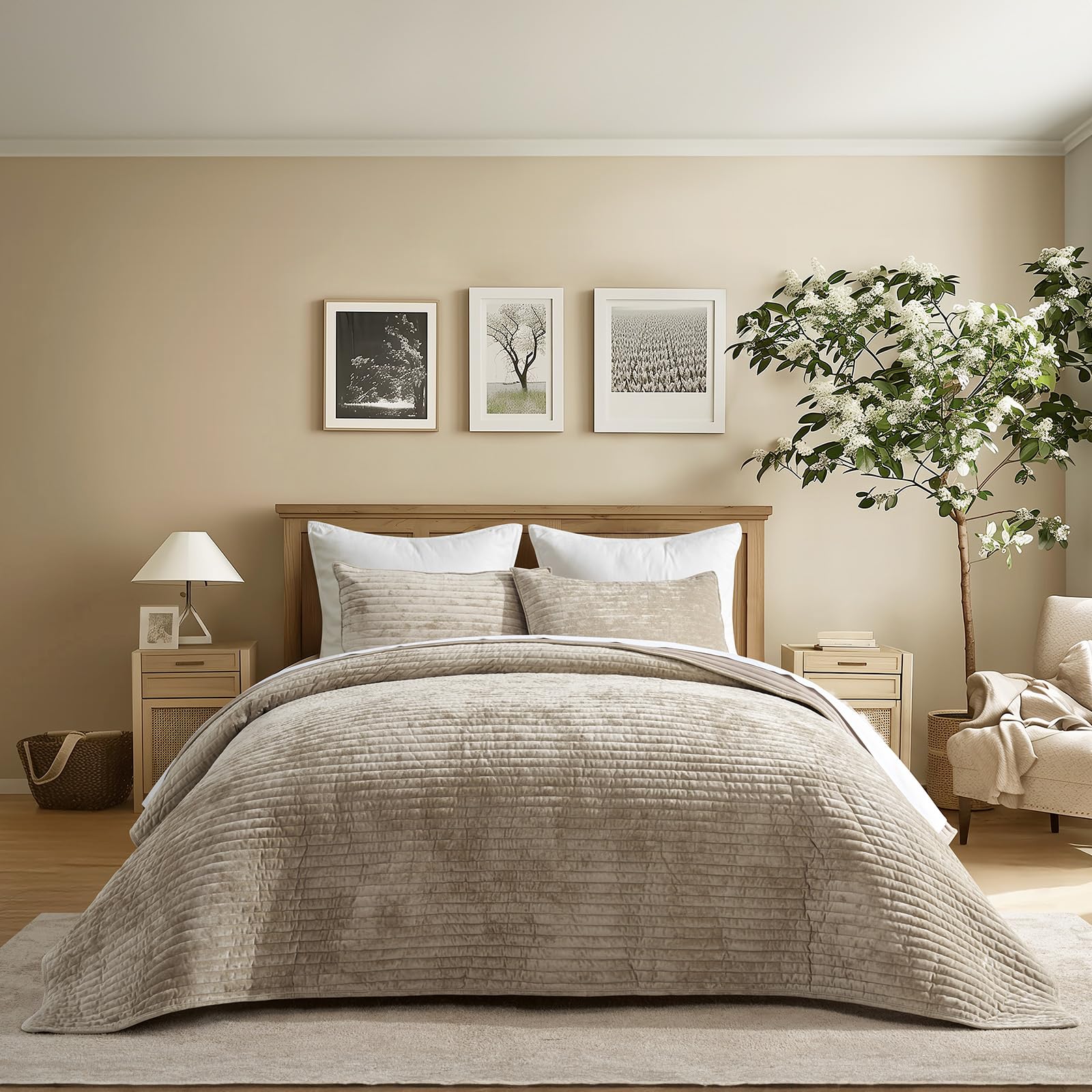 Photo 1 of EVERGRACE Velvet Quilt Set King Size, Luxurious Soft Striped Channel Bedding Set, Lightweight Velvet Comforter for All Season, Oversized Bedspread Coverlet with 2 Matching Shams, Beige Taupe