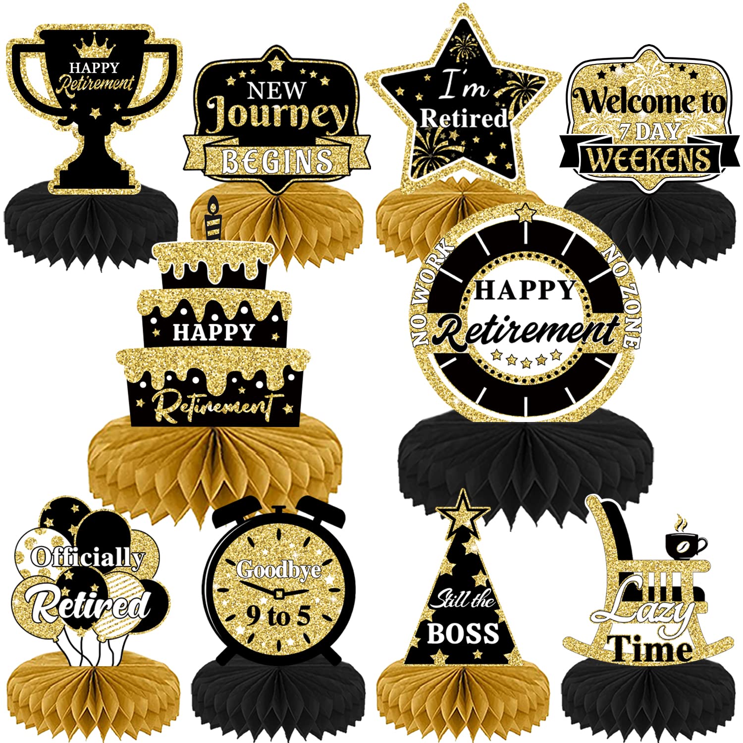 Photo 1 of 10PCS Honeycomb Centerpieces - Gold & Black Retirement Table Decorations for Happy Retirement Party Supplies
