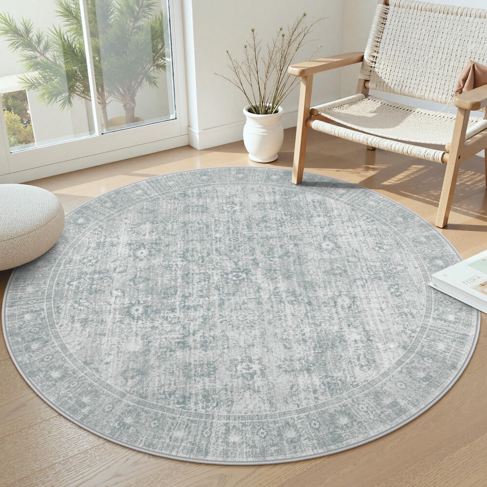 Photo 1 of LIVEBOX Vintage Round Rug - Washable 5 Foot Large Oriental Circle Grey Rug for Living Room, Non-Slip Soft Carpet Low Pile Entryway Circular Rugs for Foyer Kitchen Kids Room