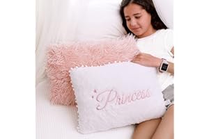 Perfectto Design Set of 2 Decorative Pillows for Toddler Kids Room. White Fluffy Princess Embroidered and Furry Pink Faux Fur Pillow. Soft and Plush Throw Pillows for Kid’s Bedroom Décor