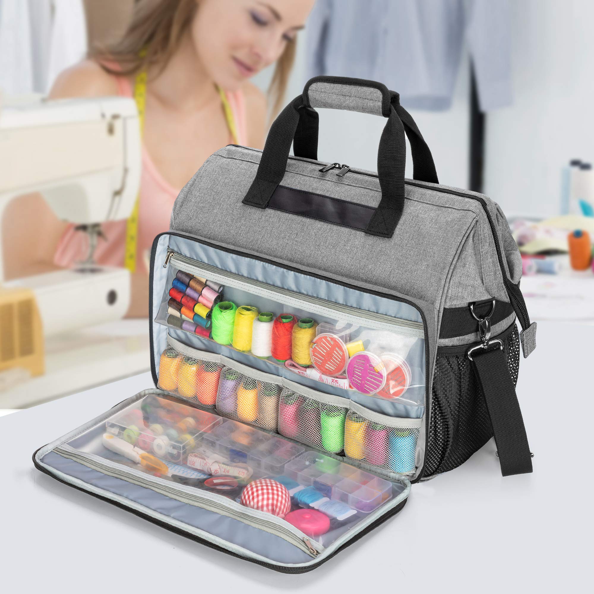 Sewing Machine Tote with Top Wide Opening, Universal Carrying Bag Compatible with Most Standard Singer, Brother, Janome Machine and Accessories