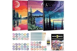 Magicfly 3 Pack Paint by Number for Adults Beginner, Moon Lake Landscape DIY Painting by Number Kit, Easy Acrylic Paint by Numbers on Canvas, 9x12 Inch, Include 10 Multi-Sized Brushes
