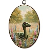 JQF Vintage Dinosaur Oval Wall Decor, Dinosaur in Wildflower Field Oval Canvas Wall Art, Rustic Farmhouse Dino Framed Prints Hanging Decor for Home Bedroom Office Boys Room, 8.5x11.5 Inch