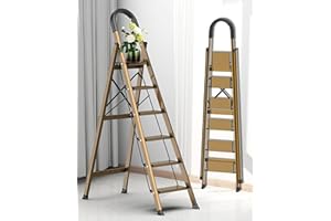 COROCO 6 Step Ladder, Folding Step Stool with Anti-Slip Wide Sturdy Pedal and Handgrip, Portable Lightweight Aluminum Stepladder, Multi-Use for Home, Library, Garage (300 lbs Capacity) - Brown Gold