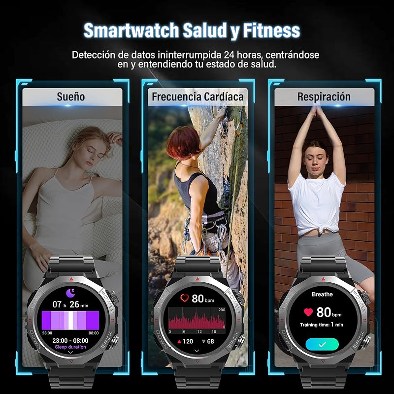 Reloj inteligente hombre mujer, Militar Smartwatch, 1,39 HD pantalla, Negro — foto 4 de 7