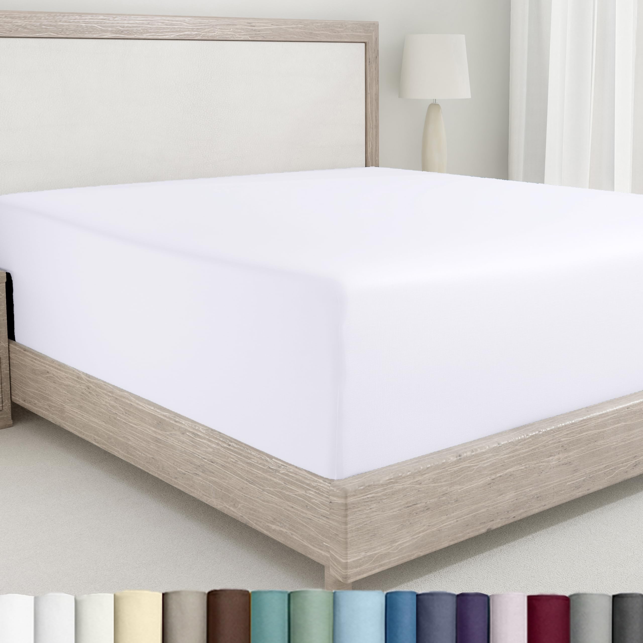 Photo 1 of California Design Den Queen Fitted Sheet Only - 100% Cotton 400 Thread Count Sateen, Deep Pocket Fitted Sheet Queen, No-Pop Off Elastic - White