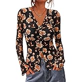 BTFBM Button Down Shirts for Women 2026 Spring Boho Tops V Neck Long Sleeve Blouses Ruched Mesh Fitted Fall Fashion