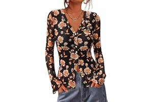BTFBM Button Down Shirts for Women 2026 Spring Boho Tops V Neck Long Sleeve Blouses Ruched Mesh Fitted Fall Fashion