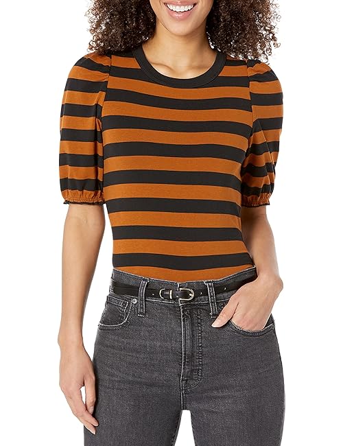 Amazon Essentials Women's Regular-Fit Puff Short-Sleeve Crewneck T-Shirt, Black Brown Placed Stripe, XX-Large