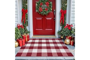 KOZYFLY Buffalo Plaid Rug 27.5x43 Inches Red and White Checkered Rug Christmas Halloween Fall Door Mat Woven Cotton Washable Area Rugs Door Mat Outdoor Entrance for Front Porch Entryway