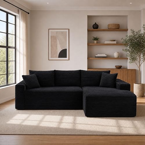 96.1" L-Shaped Modular Cloud Sofa Sectional Sofa Boneless （Right，Black） | Modular Sectional Boneless Couches,Soft Corduroy Upholstery,With cushion, Modern Comfy Sofa for Living Room,bedroom Apartment