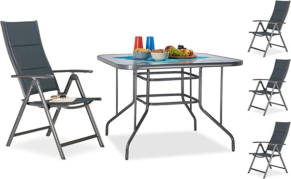 Relaxdays 5 teilige Gartensitzgruppe, Gartentisch mit Glasplatte